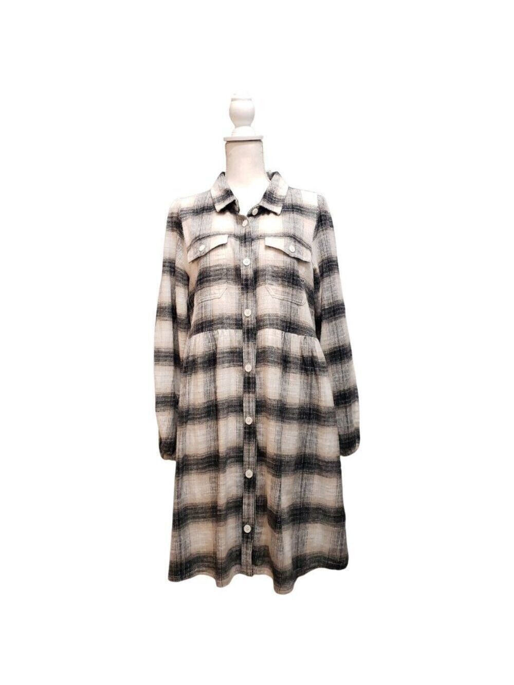 American Eagle Women's Long Sleeve Plaid Dress Size L Beige Black - Picture 3 of 9